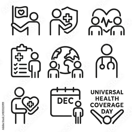 A comprehensive collection of outline (line art) icons centered around the theme of Universal Health Coverage (UHC) and healthcare access.