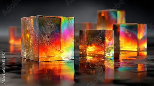 Several iridescent cubes reflect light on a dark reflective surface.