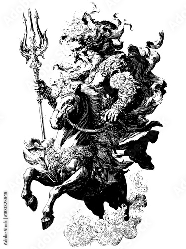 Vintage Engraving of Poseidon Riding a Horse with Trident — Mythological Ocean God Retro Etching Illustration