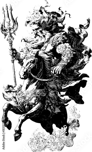 Vintage Engraving of Poseidon Riding a Horse with Trident — Mythological Ocean God Retro Etching Illustration