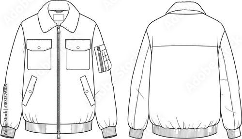 Men's aviator bomber jacket featuring fur collar, chest patch pockets and sleeve zipper, front and back technical cad drawing flat vector illustration