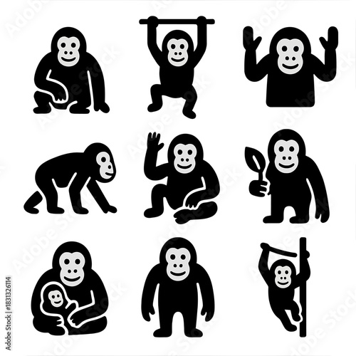 A diverse collection of black silhouette and outline icons featuring the orangutan, a great ape species, in various poses.