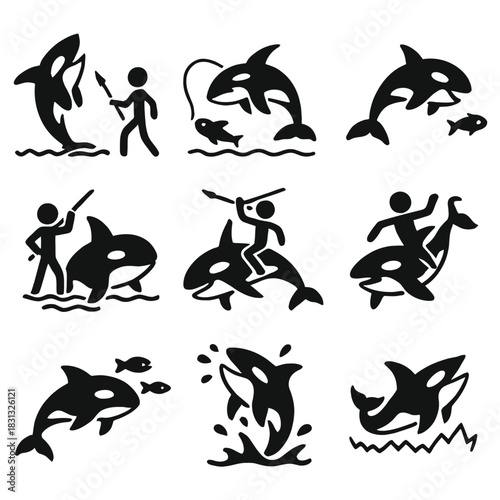 A dramatic collection of black silhouette and outline icons featuring the Orca or Killer Whale, often depicted in their marine environment.