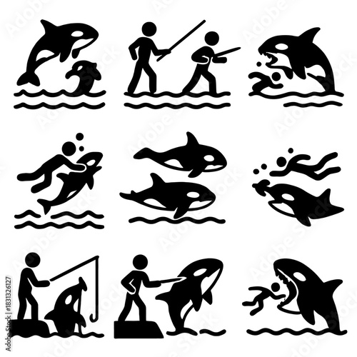 A dramatic collection of black silhouette and outline icons featuring the Orca or Killer Whale, often depicted in their marine environment.