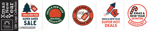 Get festive holiday savings with these Christmas and New Year super saver sale logos, exclusive offer, and winter discount designs for your seasonal marketing