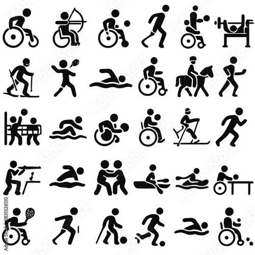A vast collection of black silhouette and multi-colored icons depicting athletes with disabilities participating in various Paralympic and adaptive sports.