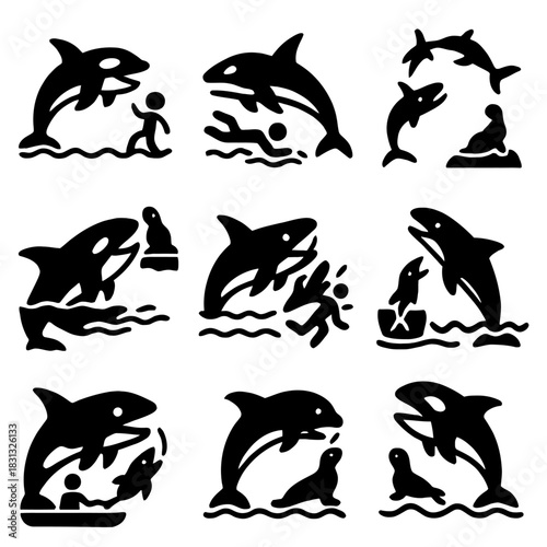 A dramatic collection of black silhouette and outline icons featuring the Orca or Killer Whale, often depicted in their marine environment.