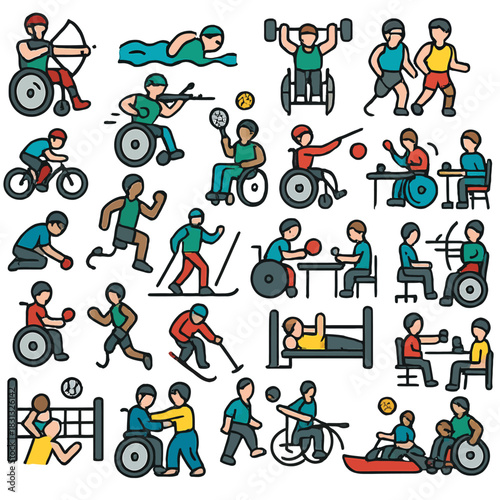 A vast collection of black silhouette and multi-colored icons depicting athletes with disabilities participating in various Paralympic and adaptive sports.
