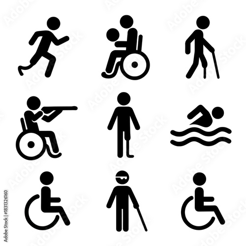 A vast collection of black silhouette and multi-colored icons depicting athletes with disabilities participating in various Paralympic and adaptive sports.