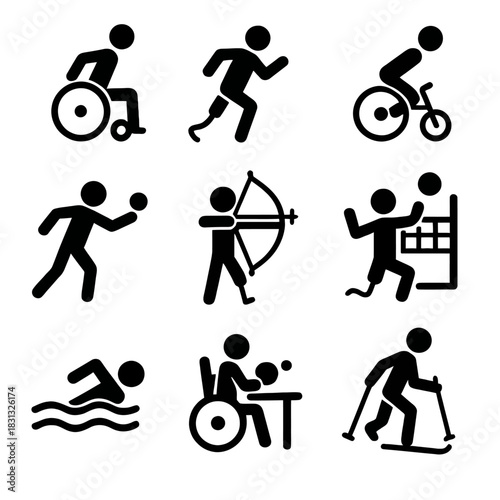 A vast collection of black silhouette and multi-colored icons depicting athletes with disabilities participating in various Paralympic and adaptive sports.