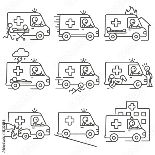 Ambulance and Emergency Medical Rescue Line Icons Set