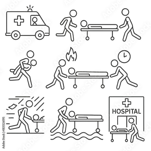 Ambulance and Emergency Medical Rescue Line Icons Set