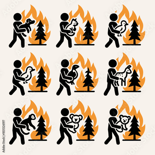 A dramatic collection of black silhouette and multi-colored icons illustrating the rescue of animals from a raging fire or wildfire.