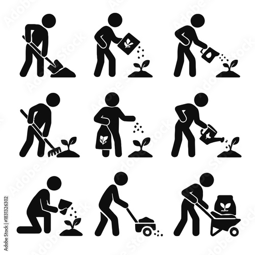 Farmer Applying Fertilizer and Soil Management Icons Set