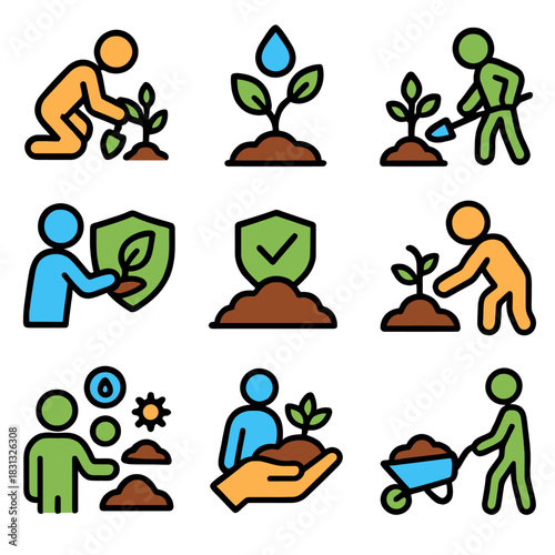 Soil Preservation and Reforestation Environmental Icons Set