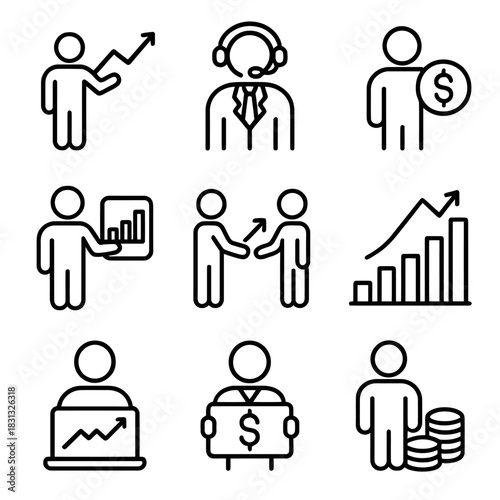 Stocks Broker Investment and Financial Growth Icons Set