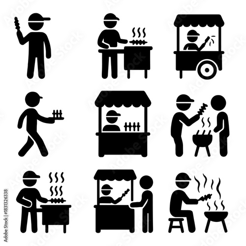 A collection of black silhouette icons illustrating a street food vendor preparing, cooking, and selling satay (grilled meat skewers) from a portable cart or temporary stall.
