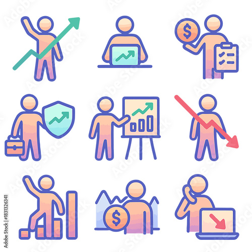 Stocks Broker Investment and Financial Growth Icons Set