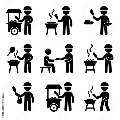 A collection of black silhouette icons illustrating a street food vendor preparing, cooking, and selling satay (grilled meat skewers) from a portable cart or temporary stall.