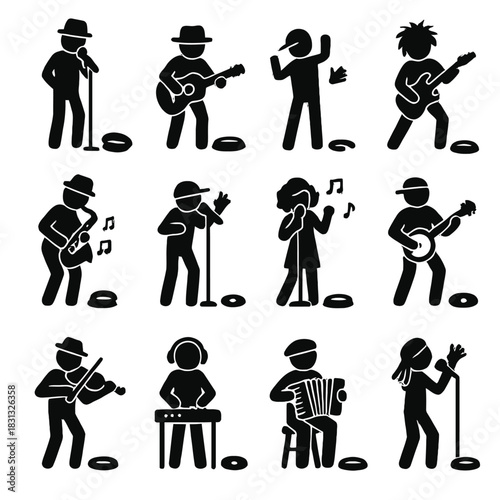 Street Singer Busker and Musician Performance Icons Set