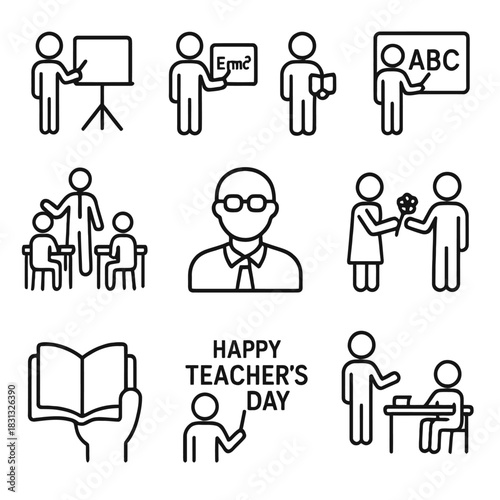 A comprehensive collection of black silhouette and outline icons related to education, teaching, and celebrating Teacher's Day.