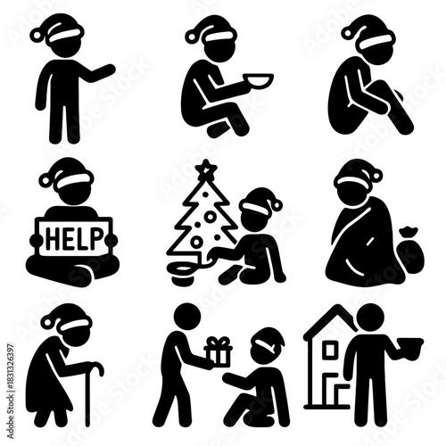 A collection of black silhouette icons depicting themes of poverty, homelessness, charity, and need during the Christmas and holiday season.