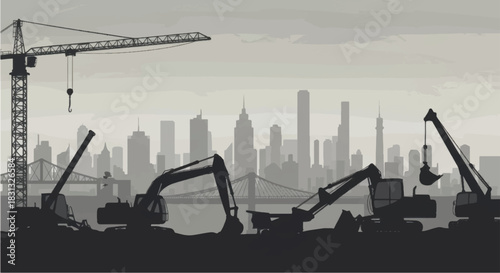 A collection of heavy construction machinery silhouettes.