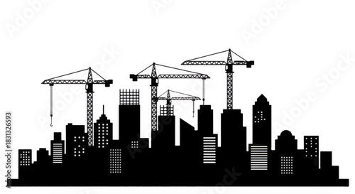 City skyline silhouette with construction cranes and buildings in progress.