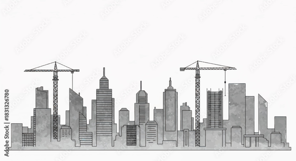 Fototapeta premium Urban skyline construction with cranes and buildings under development.