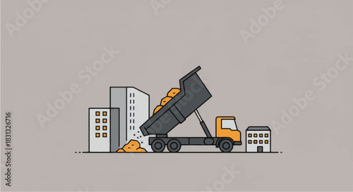 Dump truck unloading construction debris near buildings.
