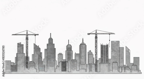 Urban skyline construction with cranes and buildings under development.