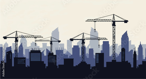 Multiple construction cranes silhouetted against a modern city skyline.