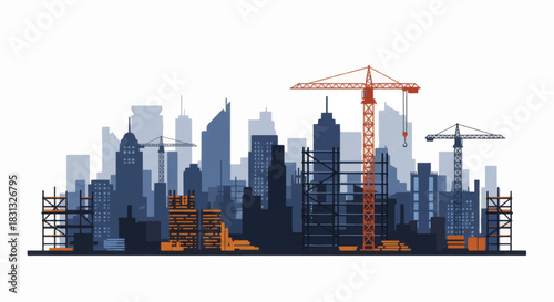 Urban Skyline Under Construction with Cranes and Modern Buildings.