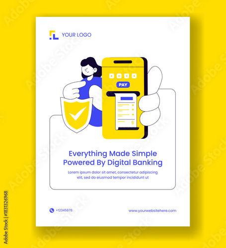 Digital Banking Security Vertical Poster with Flat Cartoon Templates Background Illustration