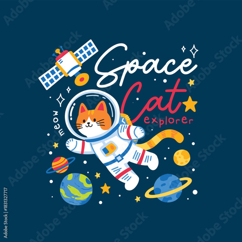 Cute Space Cat Astronaut Illustration for Kids 