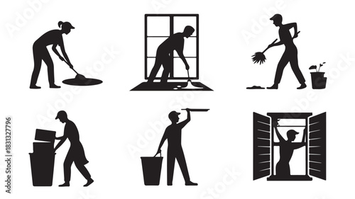Set of cleaning service icons silhouette vector illustration of people cleaning isolated on white background