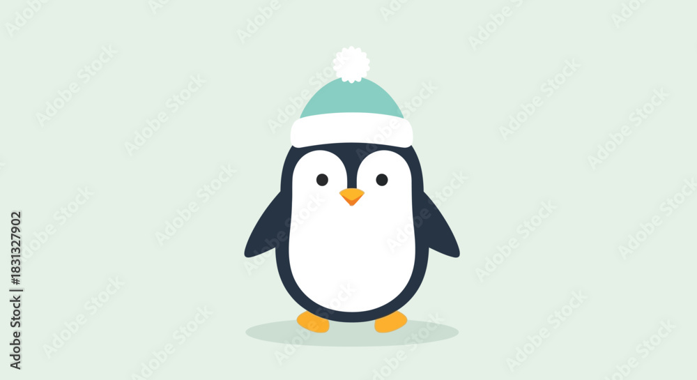 Fototapeta premium A cute cartoon penguin wearing a blue and white winter hat with a pompom stands on a light green background.