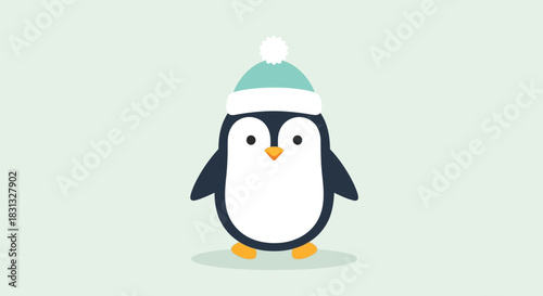 A cute cartoon penguin wearing a blue and white winter hat with a pompom stands on a light green background.