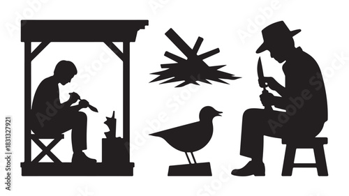 Silhouette of a woodcarver working in his shop carving a bird a vector illustration isolated on white