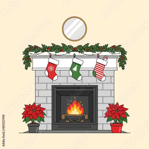 A cozy Christmas fireplace with stockings, garland, mirror, and poinsettias, featuring a warm burning fire.
