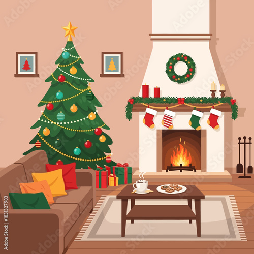 A cozy living room decorated for Christmas with a festive tree, fireplace, and warm ambiance.