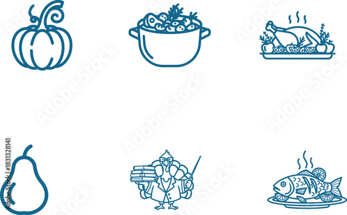 Delightful Food Icon Set Featuring Pumpkin Stew Turkey Fish and Pear Vector Illustration for Culinary Design Projects and Thanksgiving Theme Elements
