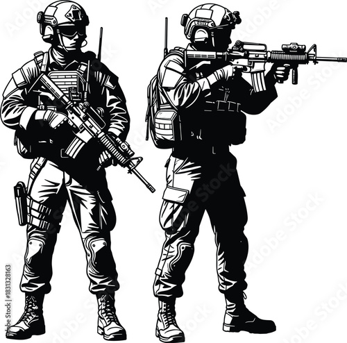 Detailed Black and White Silhouette Vector Set of Two Fully Equipped Special Forces Military Soldiers with Assault Rifles Ready for Tactical Combat Mission