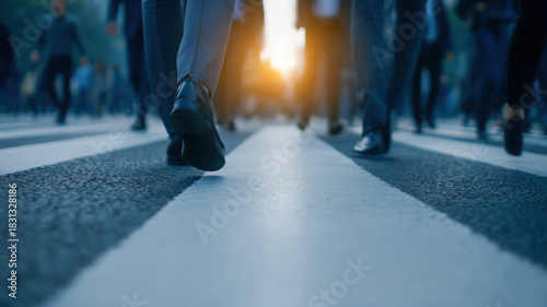 Urban crowd city street crosswalk business commute people walking morning light motion blur downtown rush hour professional People move with business focus along urban crosswalk morning light