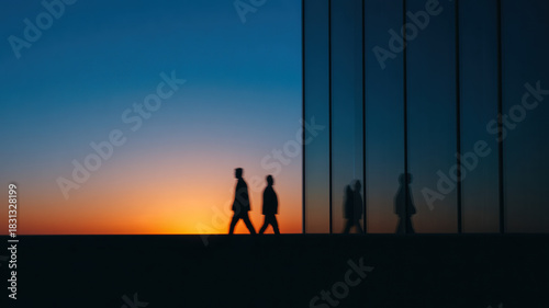 Silhouette business people walking modern office building sunset reflection skyline calm mood as two professionals cross glass facade during golden hour sleek architecture framing tranquil commute
