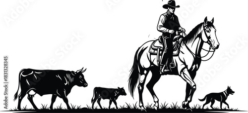 Detailed cowboy cattle herding scene silhouette, horse rider driving livestock with dog assistance, western ranch vector illustration for farm branding, vintage artwork, countryside design projects
