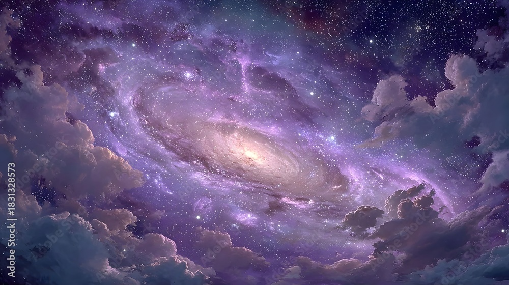 Obraz premium A luminous spiral galaxy swirls in a purple star-filled sky surrounded by soft, billowing clouds.