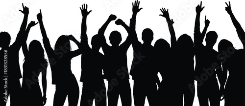 Dancing silhouettes, joyful crowd, raised arms, celebration moment, party people, expressive poses, black and white vector, social energy, festive illustration