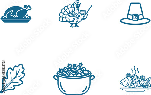 Thanksgiving holiday vector elements featuring roasted turkey professor turkey pilgrim hat casserole and fish festive food illustrations for celebrations and family gatherings delicious icons