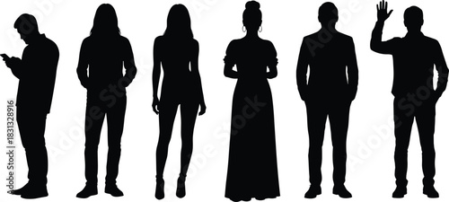 Diverse group of people in various poses silhouette vector set, business professional, casual young adults, and formal wear, multi-ethnic adult figures collection 